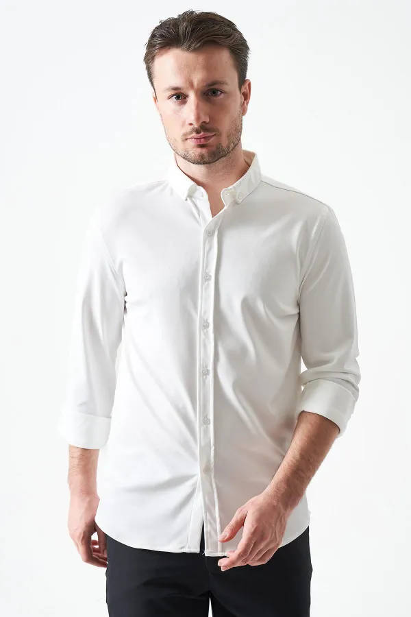 Erkek Ekru Uzun Kol Ripaş Dalgıç Slim Fit Gömlek