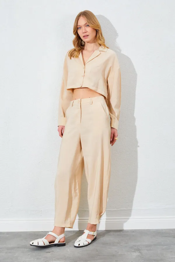 Kadın Bej Paça Düğmeli Modal Kumaş Pantolon