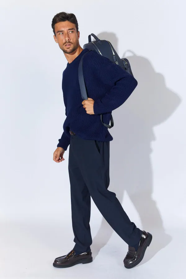 Pull en maille à col rond bleu marine pour homme (TRZ050)