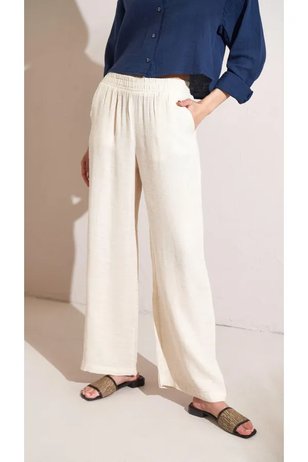 Kadın Taş Müslin Kumaş Beli Lastikli Palazzo Pantolon