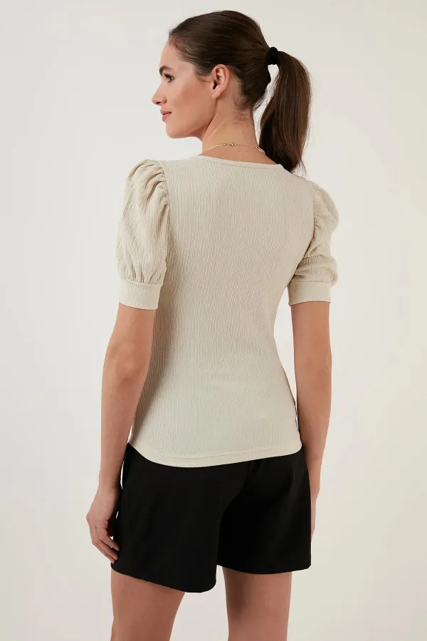 Kadın Taş Balon Kol Kare Bürümcük Kumaş Bluz