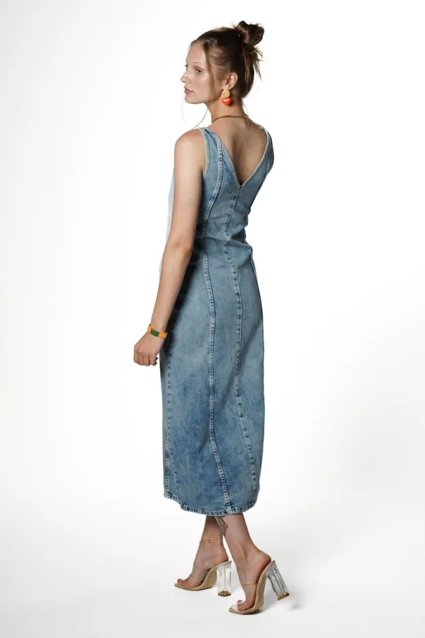 Kadın Mavi Tint Önü Ve Arkası Açık Uzun Denim Elbise