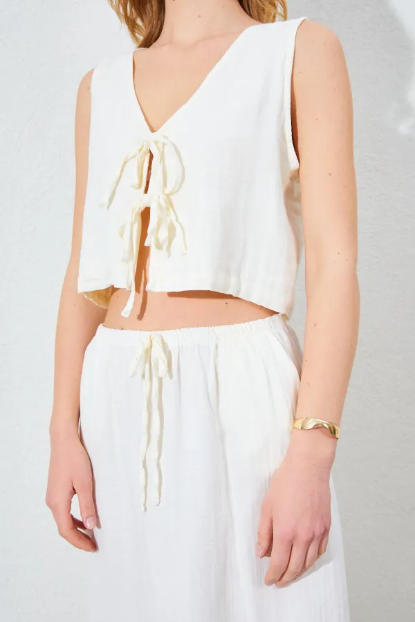 Kadın Ekru Bağlama Bluzlu Uzun Etekli Müslin Takım