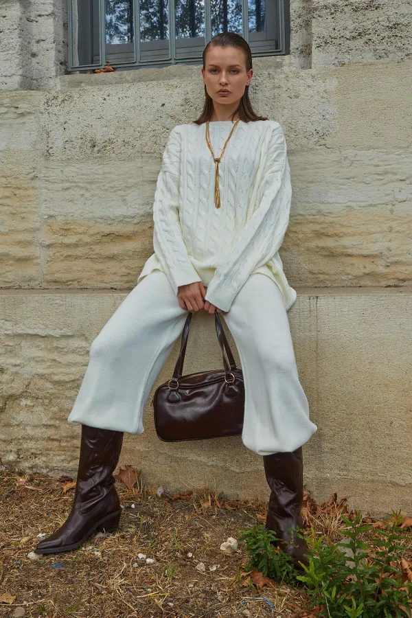 Kadın Kemik Saç Örgülü Pantolon Salaş Triko Takım