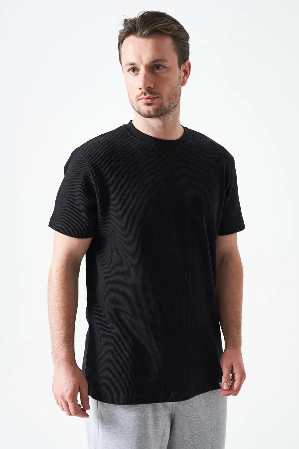 Erkek Siyah Bisiklet Yaka Önü Karyola Waffle Basic Tişört