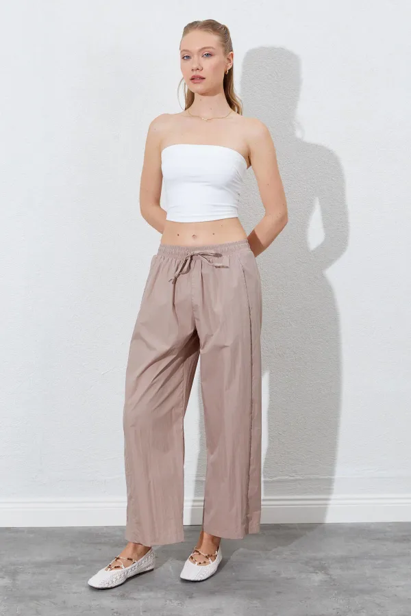 Kadın Vizon Beli Lastikli Gizli Cep Detaylı Salaş Kesim Pantolon