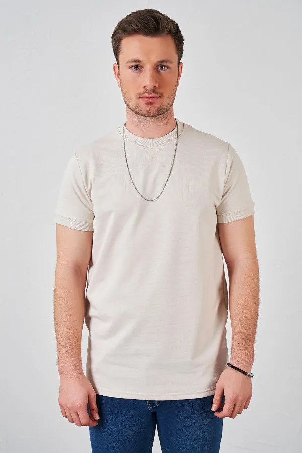 Erkek Bej Kolu Ribanalı İki İp Rahat Kalıp Tişört