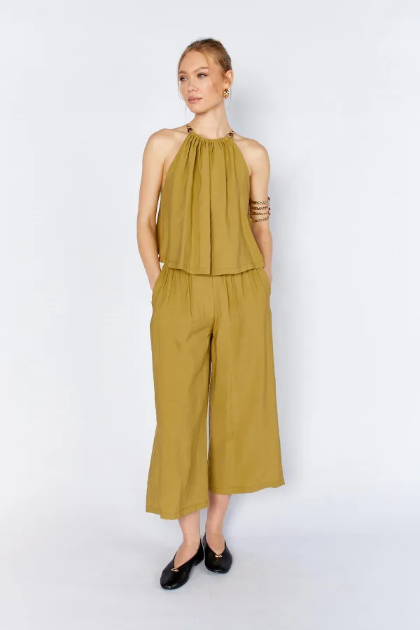 Women's Olive 171 Modal Suit with Wide-Leg Trousers and Beaded Collar Accessory