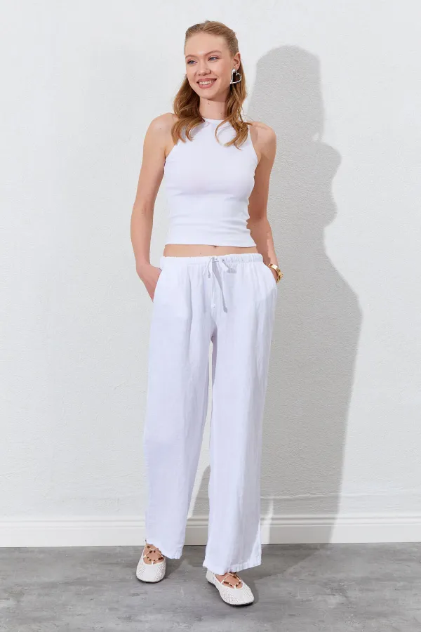 Women's White Linen Wide Leg Trousers with Drawstring Waist and Side Pockets