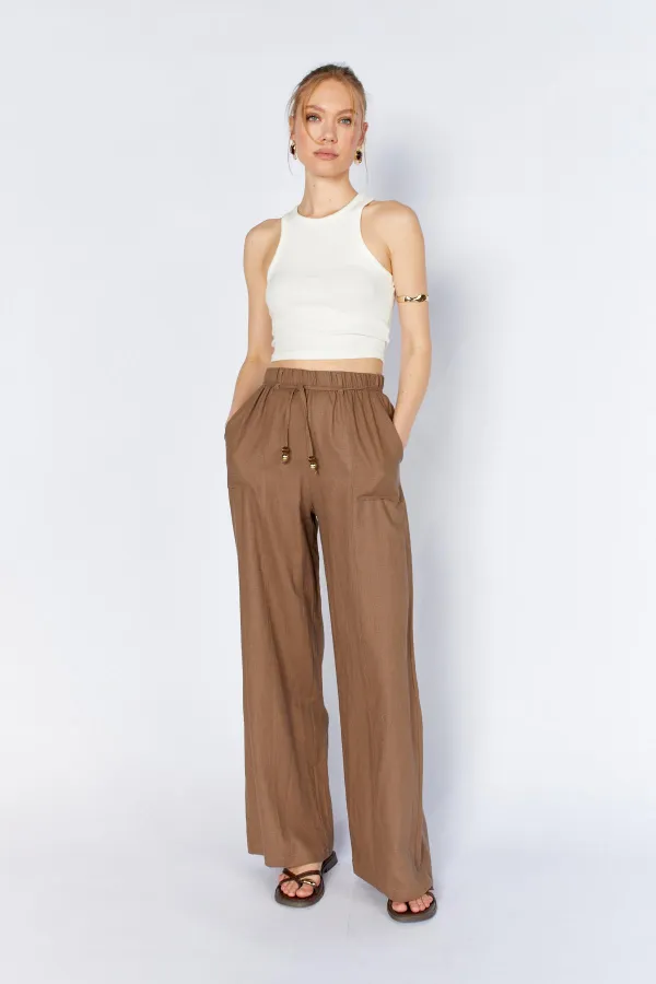 Kadın Kahverengi Bol Paça Dışarıdan Cepli Keten Pantolon