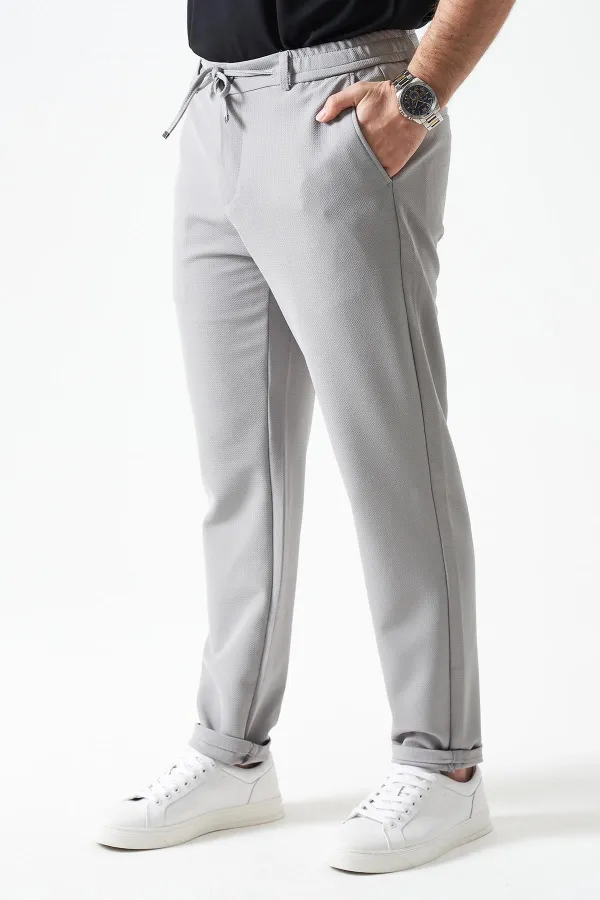 Erkek Gri Beli Yarım Lastikli Mendi Örme Jakar Pantolon