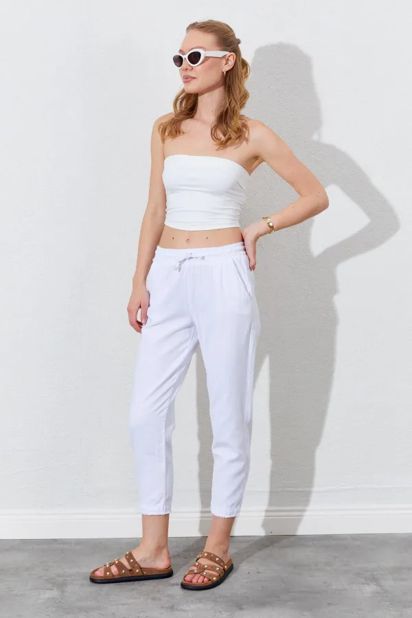 Women's White (6813) Gabardine Trousers with Dirty Stitching