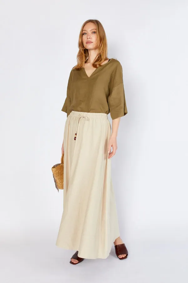 Women's Natural Skirt with Thick Stitching and Elastic Waistband