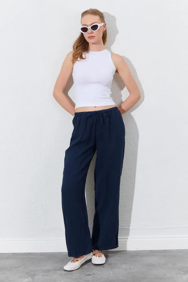 Women's Navy Blue Linen Wide Leg Trousers with Drawstring Waist and Side Pockets