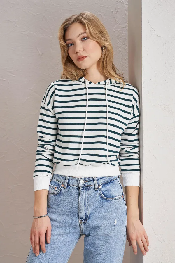 Women's Olive Green Three-Thread Striped Hooded Crop Sweatshirt