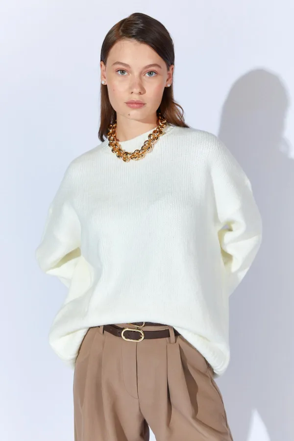 Kadın Krem Bisiklet Yaka Basic Triko Kazak