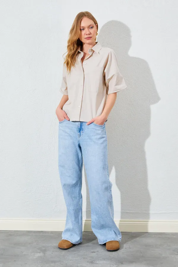 Kadın Taş Düşük Kol Tek Cepli Gömlek