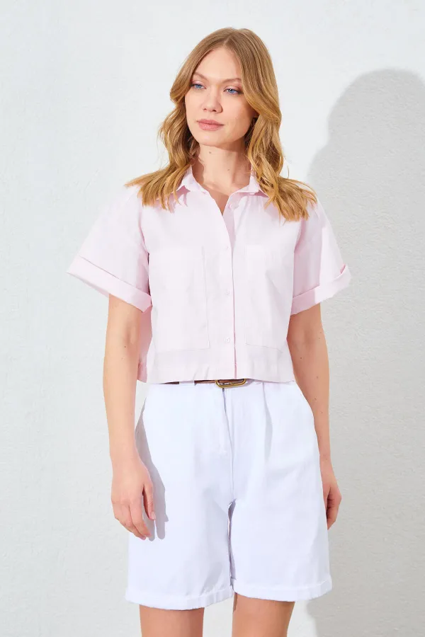 Kadın Toz Pembe Çift Cepli Düşük Kol Crop Gömlek