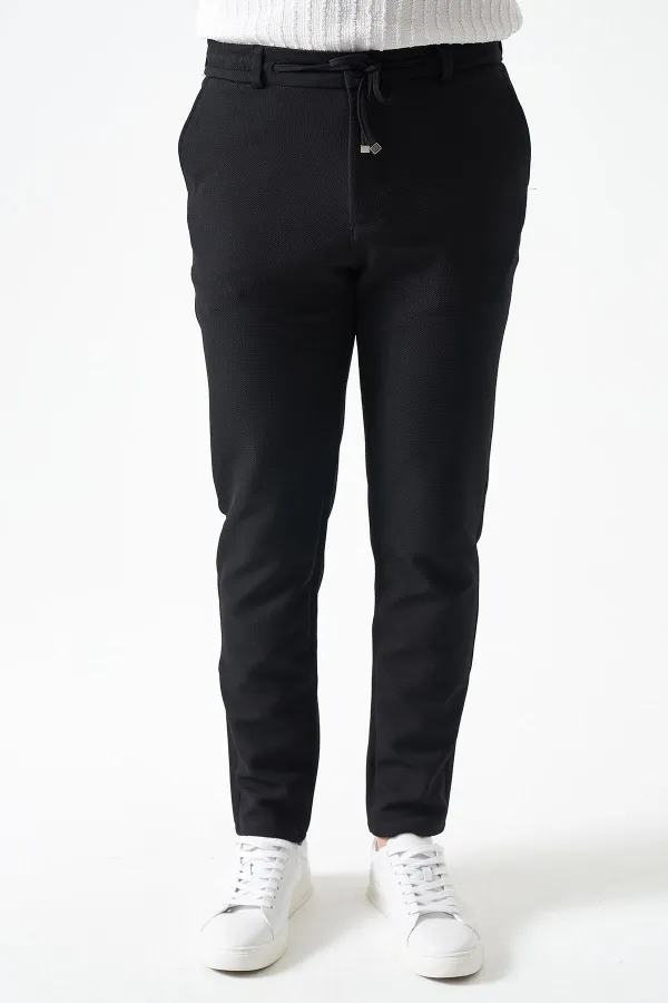 Erkek Siyah Beli Yarım Lastikli Mendi Örme Jakar Pantolon