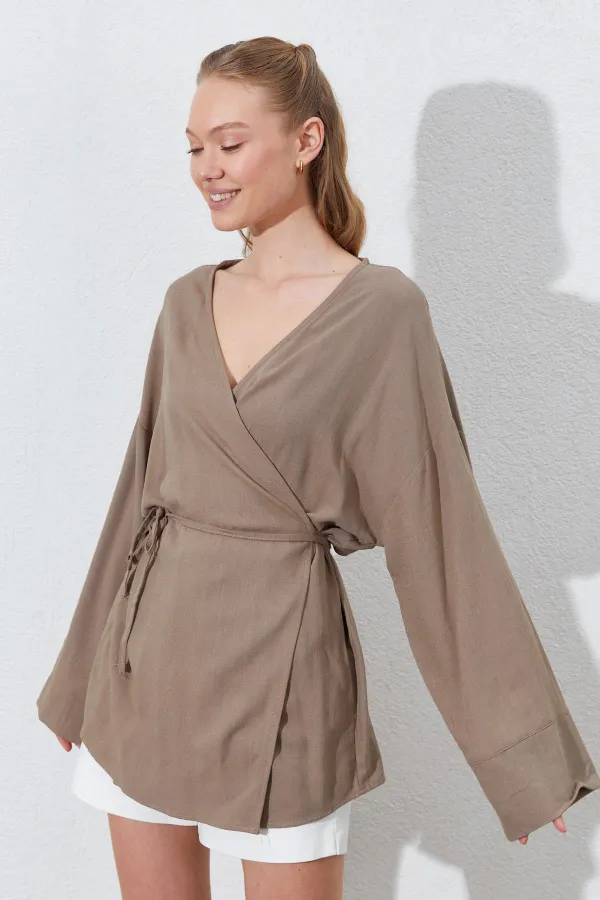 Kadın Toprak Kruvaze Yaka İp Bağlamalı Ceket