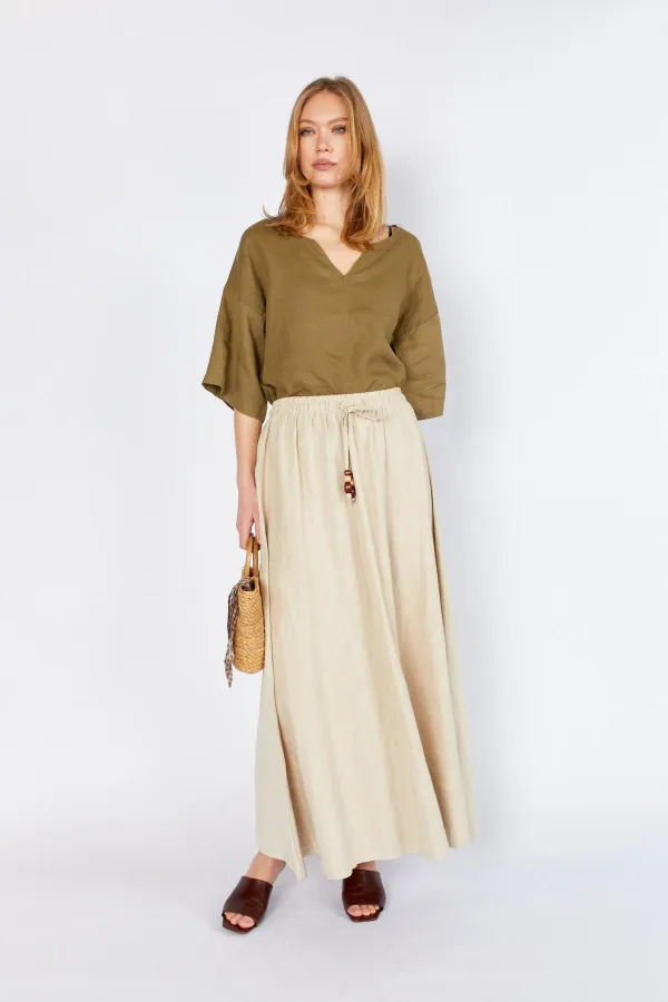 Women's Natural Skirt with Thick Stitching and Elastic Waistband