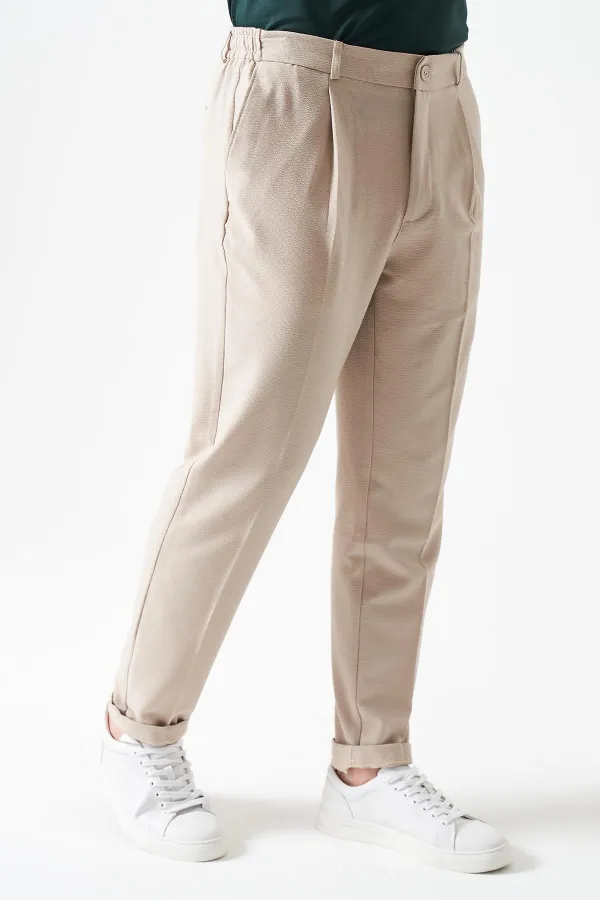 Erkek V008-Bej Yandan Lastikli Keten Efektli Tristan Dokuma Tek Pileli Duble Paça Pantolon