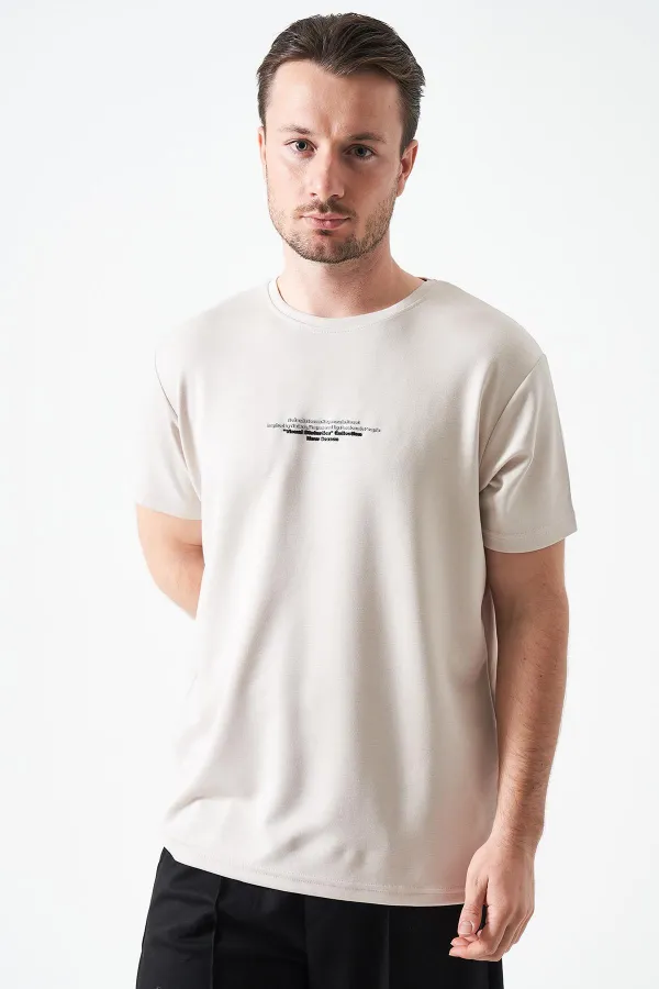 T-shirt beige à col rond pour homme en modal avec imprimé REFRESH