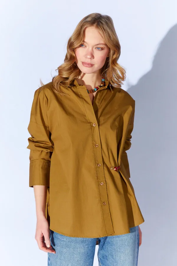 Kadın Haki Önü Kısa Arkası Uzun Oversize Poplin Gömlek