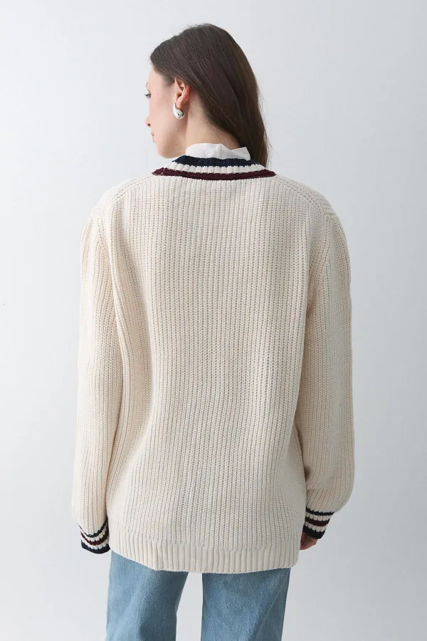 Women's Cream-Burgundy Cardigan with Pockets and Colorful Collar and Sleeves