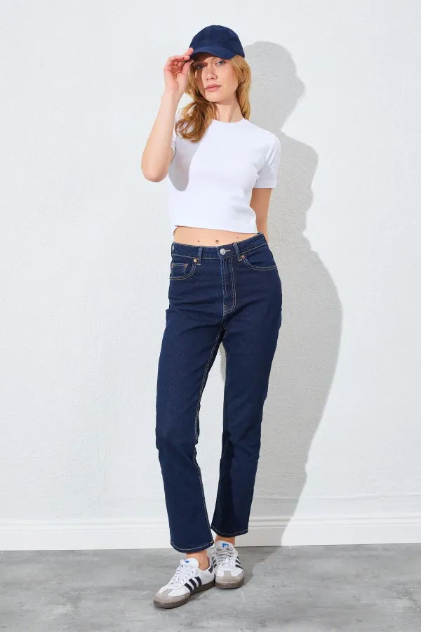 Kadın Ekru (25608) Bisiklet Yaka Düşük Kol Full Likra Ribana Crop Tişört