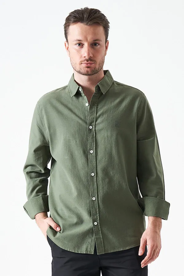 Erkek Haki Uzun Kol Basic Pamuk Flam Regular Gömlek
