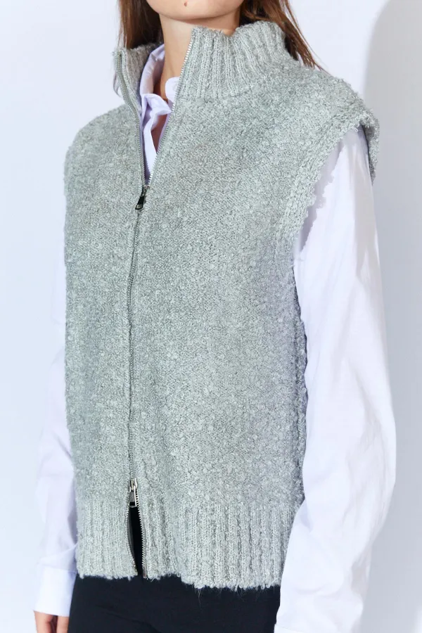 Women's Grey Zip-Up Bouclé Vest