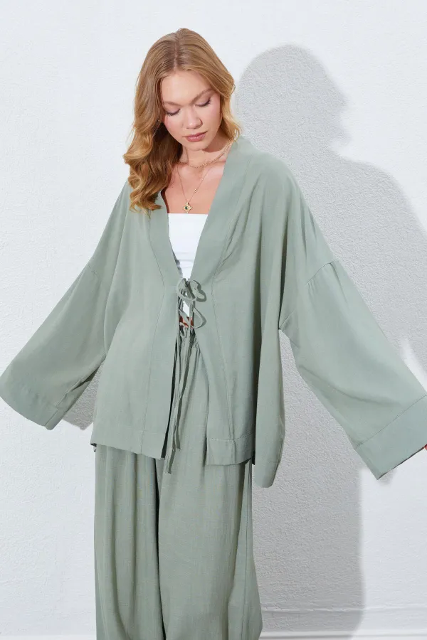 Kadın Haki Önü İp Bağlamalı Kimone Ceket