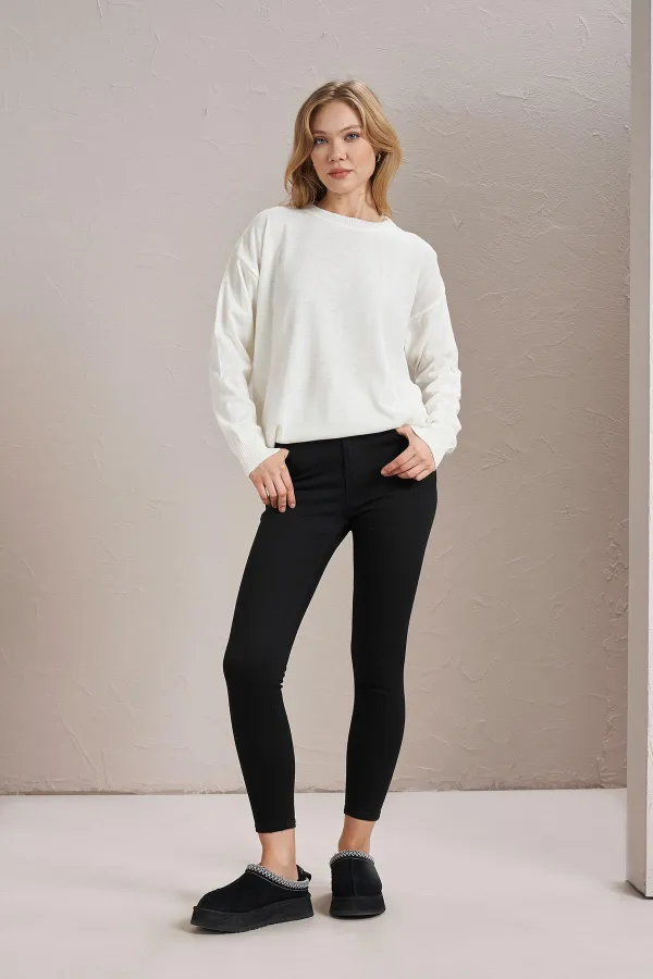 Kadın Ekru Bisiklet Yaka Basic Triko Kazak