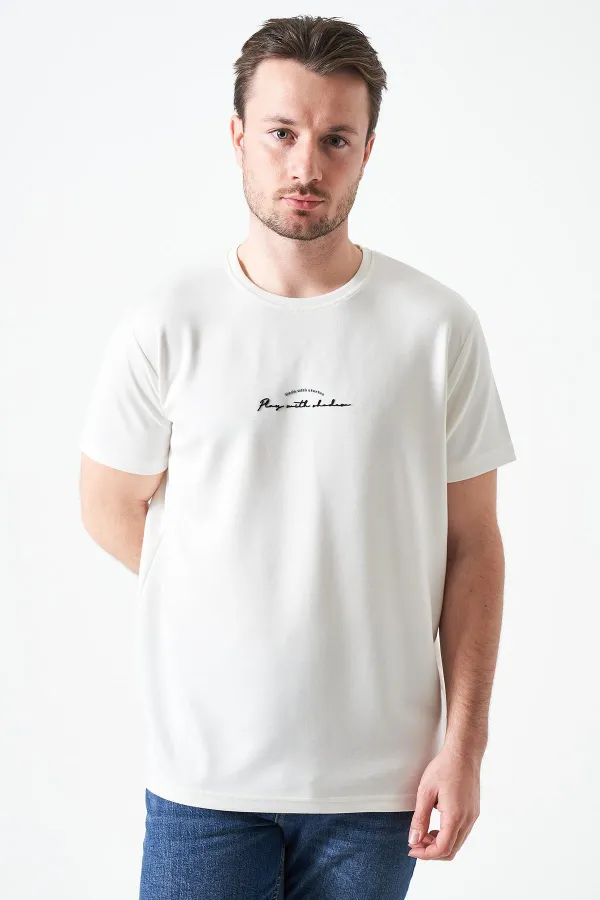 Erkek Ekru Bisiklet Yaka MADE WİTH  Baskılı Modal Tişört