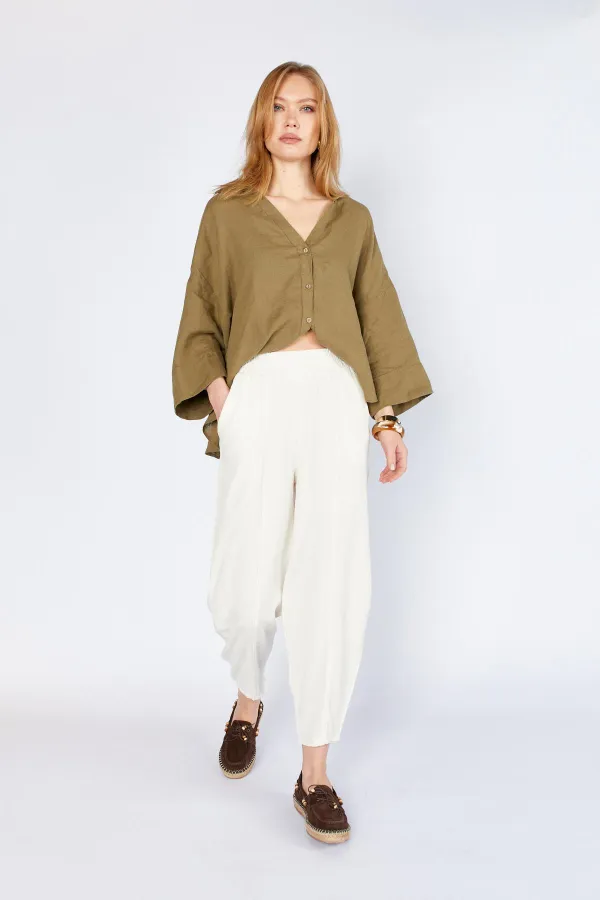 Kadın Ekru (5456) Önü Dikişli Balon Kesim Tencel Pantolon