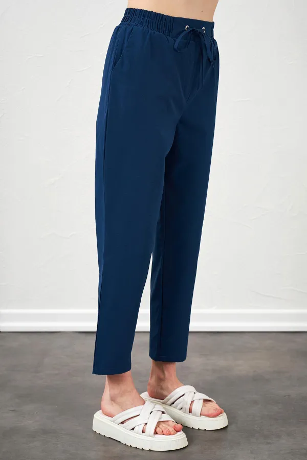 Kadın İndigo Beli Bağlamalı Havuç Paça Poplin Pantolon