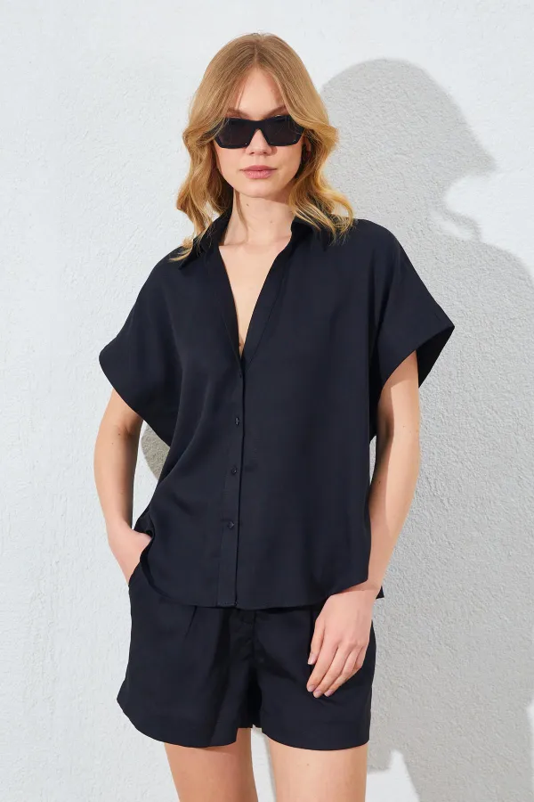 Kadın Siyah Oversize Düşük Kol Gömlek Şortlu Takım