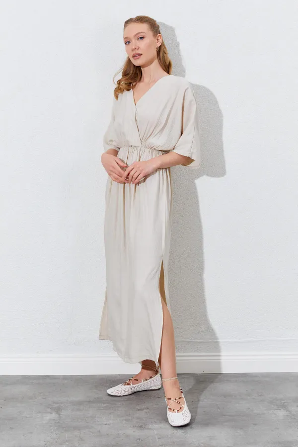 Kadın Taş Düşük Kol Yanları Yırtmaçlı Uzun Elbise