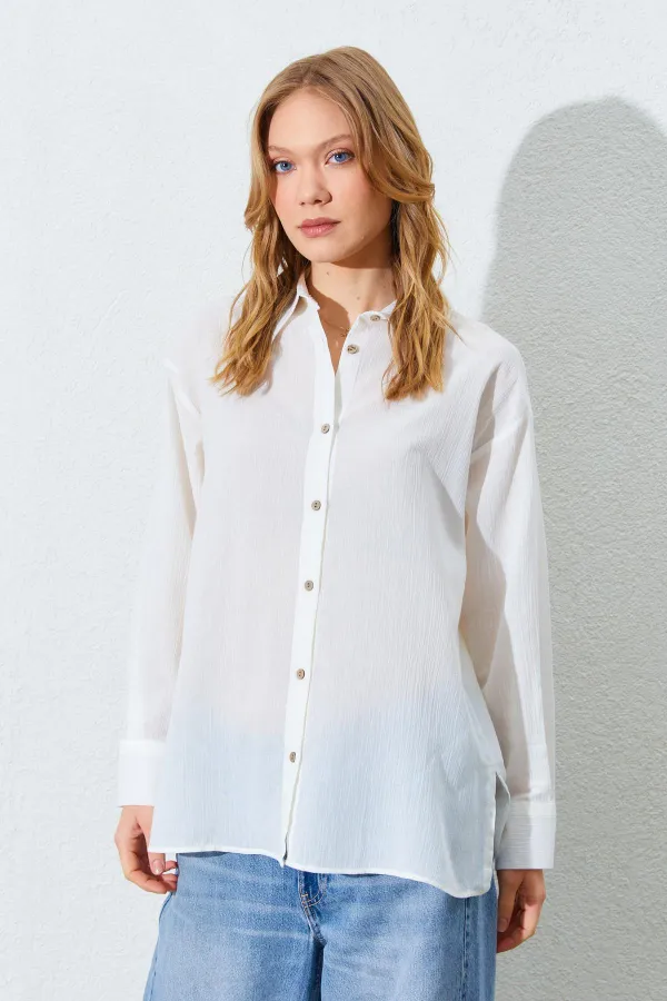Kadın Ekru Krınkıl Oversize Gömlek