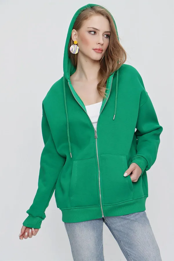 Women's Benetton Green Hooded Oversize Zip-Up Sweatshirt