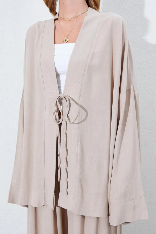 Kadın Koyu Bej Önü İp Bağlamalı Kimone Ceket