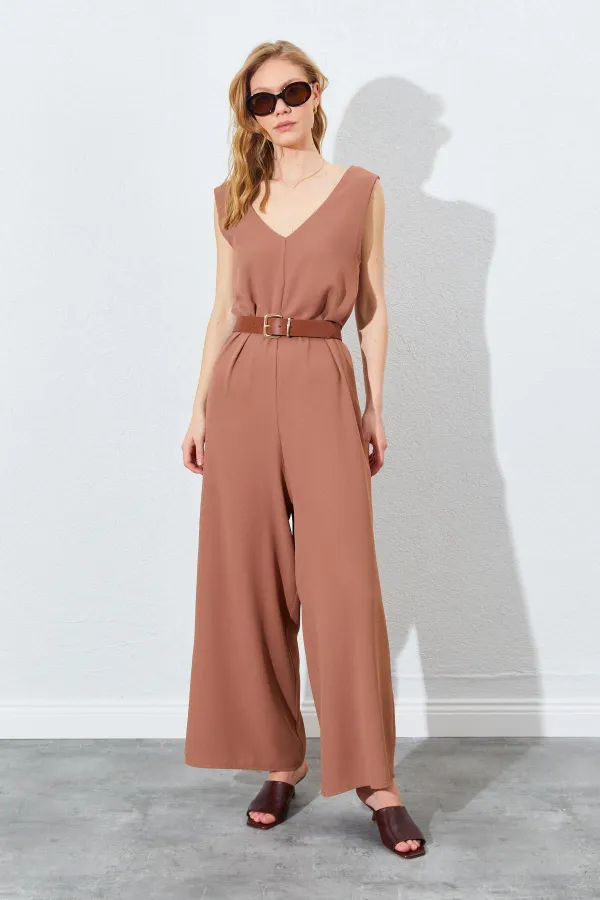 Kadın Mocha Sırtı Çapraz Bol Kesim Krep Tulum