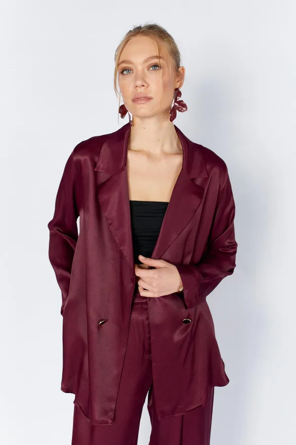 Women's Plum Gold Single Button Flush Satin Jacket