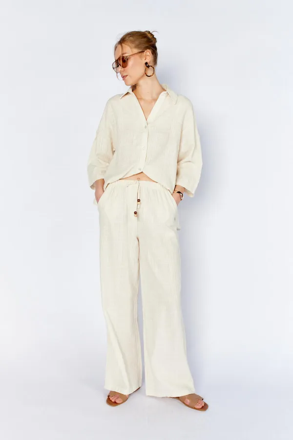 Kadın Ekru İçi Astarlı Bel Bağlamalı Pantolon