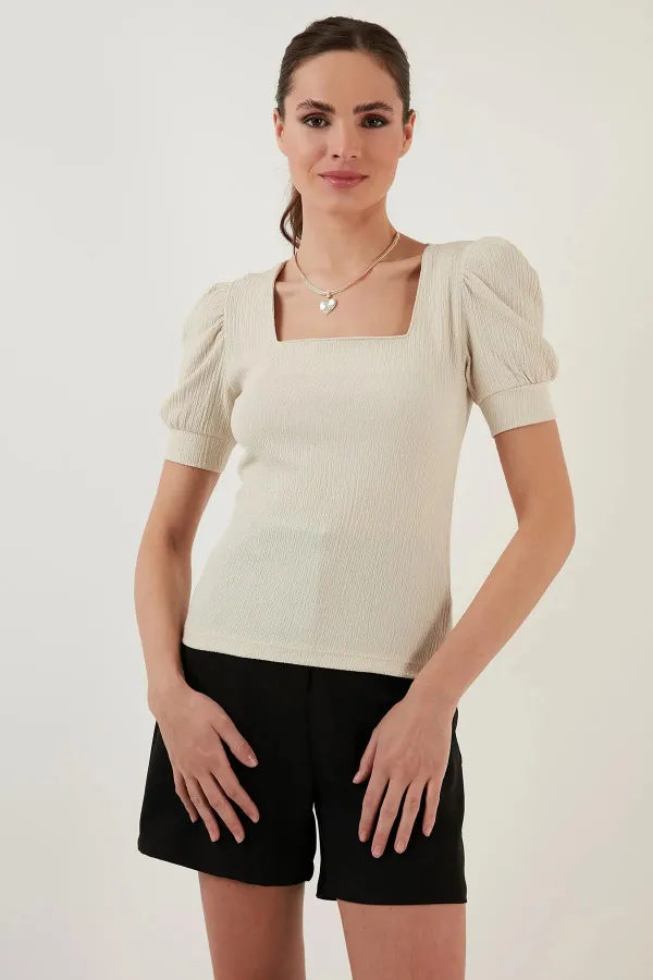 Kadın Taş Balon Kol Kare Bürümcük Kumaş Bluz