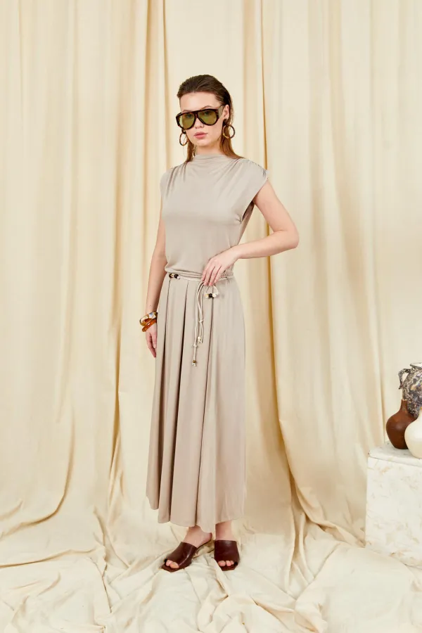 Kadın Vizon 117 Omuz Drapeli Pileli Uzun Etekli Takım