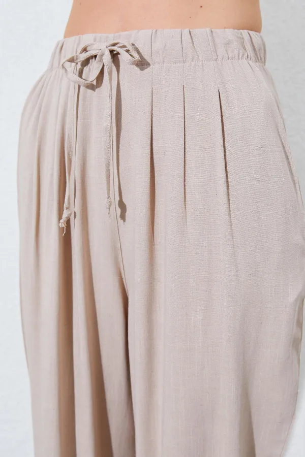 Kadın Koyu Bej Beli Lastikli Havuç Kesim Keten Pantolon