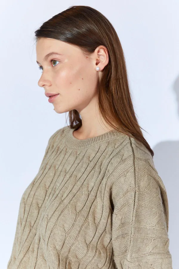 Kadın Vizon Saç Örgülü Etek Kazak Takım