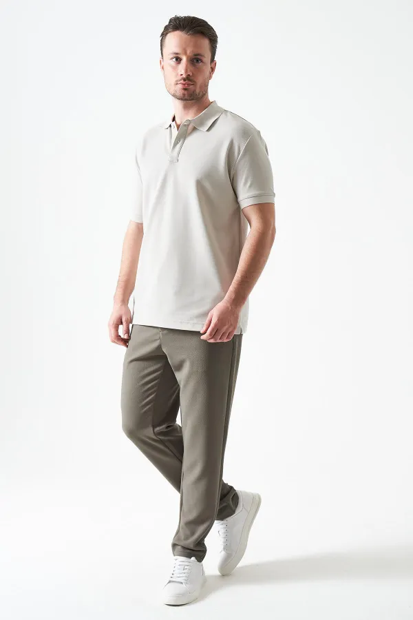 Erkek Haki Beli Yarım Lastikli Mendi Örme Jakar Pantolon